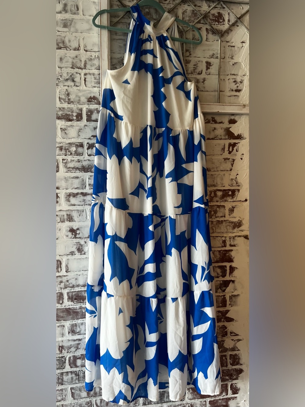 Vici Blue and White Halter Tiered Maxi Dress